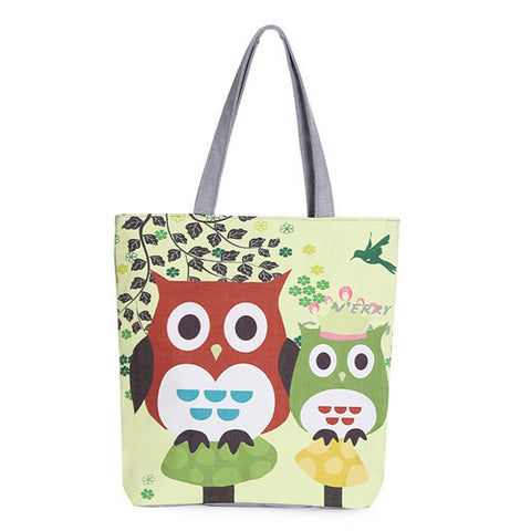 Floral And Owl Printed Canvas Tote