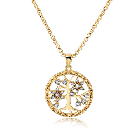 Classic 18K Gold Plated Chain Necklace With Crystal Tree Pendant Round Shape