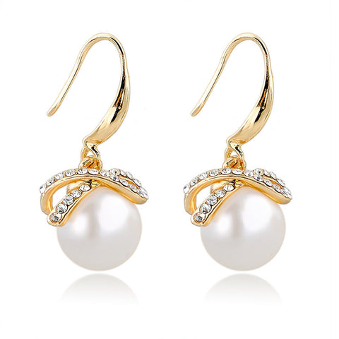 Three Times of Gold Plated Inlaid Crystal Big Imitation Pearl Earrings - 101 Gear Shop