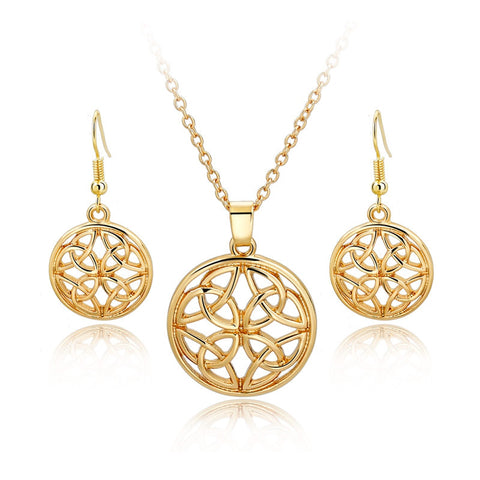 Luxury 18K Gold Plated Drop Eearrings Necklaces Hollow Round Jewelry Sets