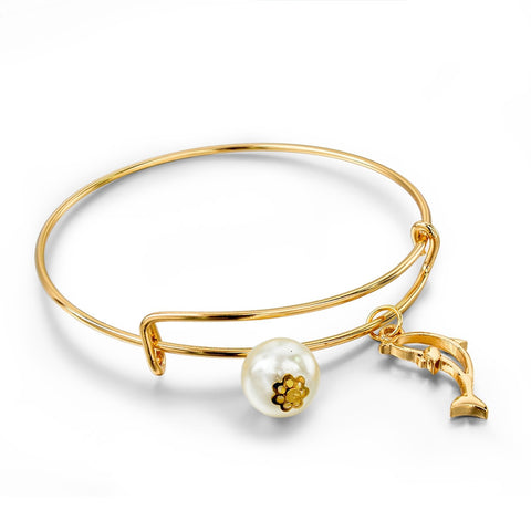 Lovely Small Gold Turtle Bangles Adjustable Expandable Wire Simulated Pearl Bracelets